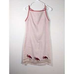 Daisy L‎ Pink Linen Flamingo Sheath Dress Size 4 Embroidered Pink Flamingo